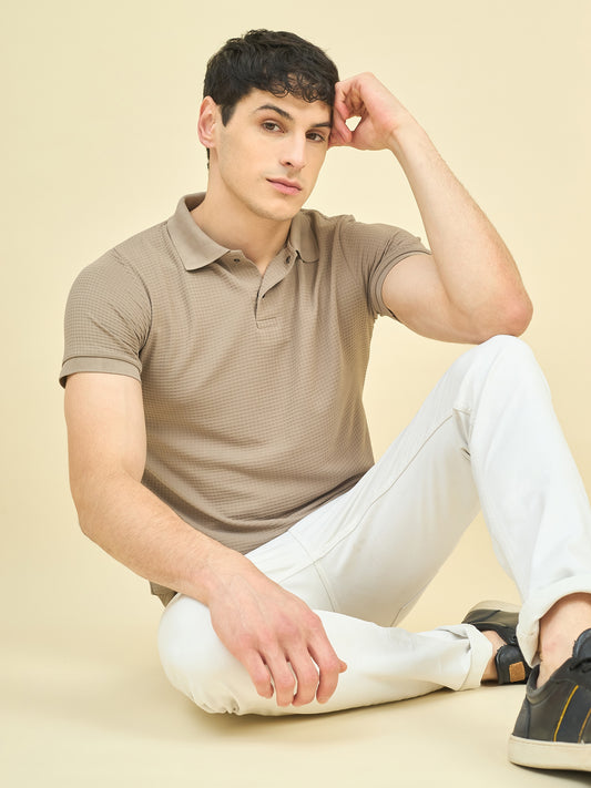 CLAPTON Men Knitted Textured Polo Collar T-shirt Grey