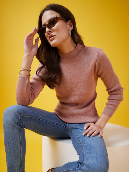 Wool Blend Crew Neck Full Sleeve Pink Top