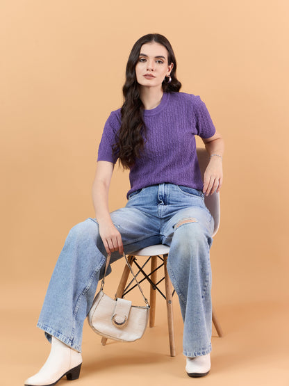 CLAPTON Women Knitted Round Neck T-shirt Combo Of 2 Black Purple