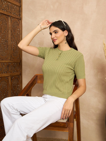 Clapton Women Knitted  Round Neck  T-shirt PARROT-3105