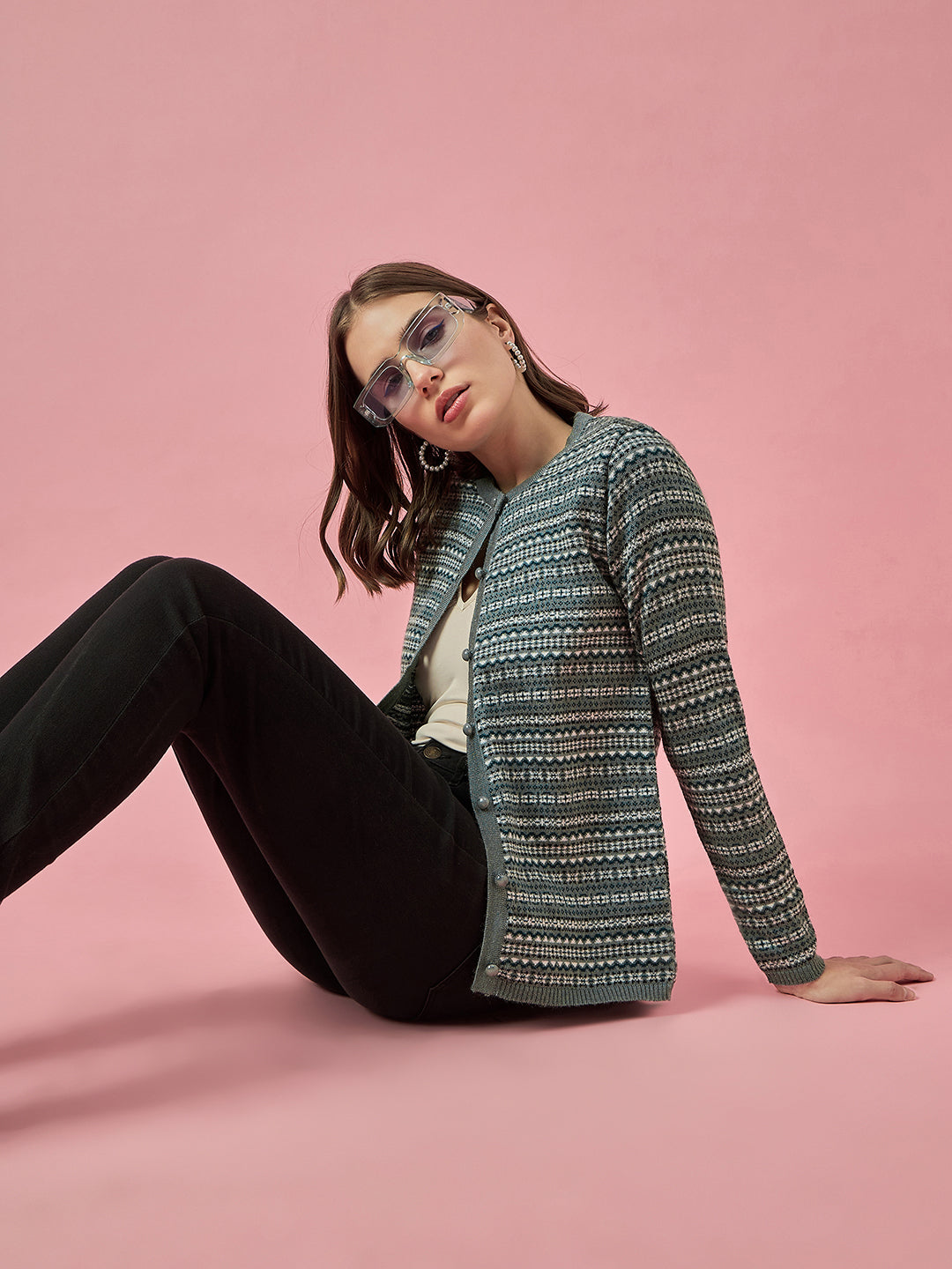 Women Steel Self Striped Round Neck Cardigan