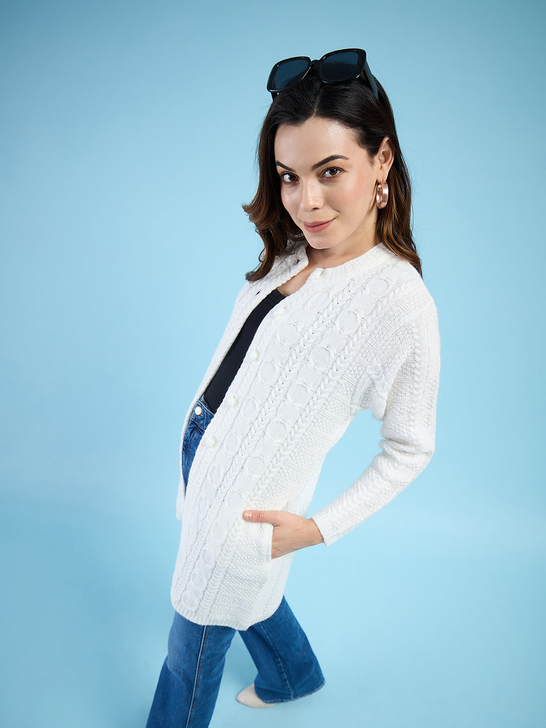Clapton Cable Knit  Design Woolen  Longline Cardigan Sweater for women and Girls White