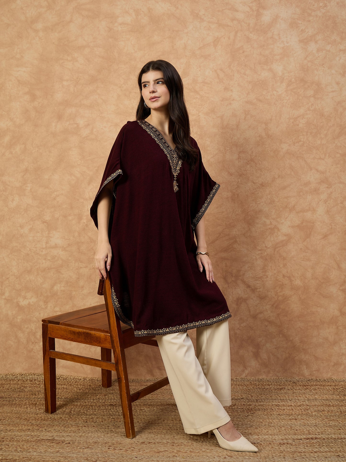 Clapton Women’s Wool Kaftan Kurti –  Mahrroon, Golden Embroidery -6201