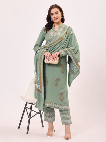Clapton Pure Wool Winter Wear Embroidered Straight Kurta Pant With Dupatta Set Pista