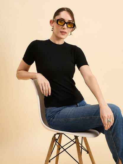 Clapton Women Knitted  Round Neck  T-shirt Black