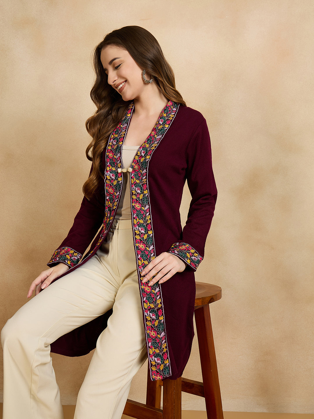 Women's Maroon Embroidered Sleeves, Floral Pattern, Winter Wear, Open Neck Shrug
