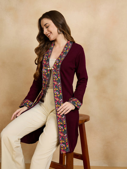 Women's Maroon Embroidered Sleeves, Floral Pattern, Winter Wear, Open Neck Shrug