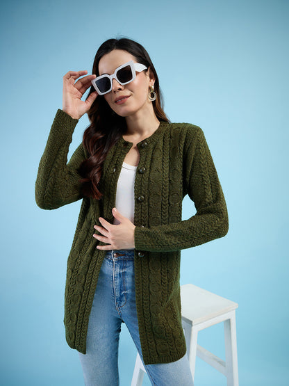 Clapton Cable Knit  Design Woolen  Longline Cardigan Sweater for women and Girls Green