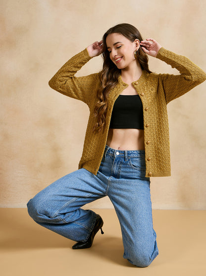 Clapton Floral Embroidered Knit  Design Pure Wool Cardigan Gold