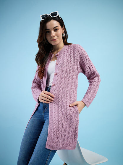 Clapton Cable Knit  Design Woolen  Longline Cardigan Sweater for women and Girls Pink