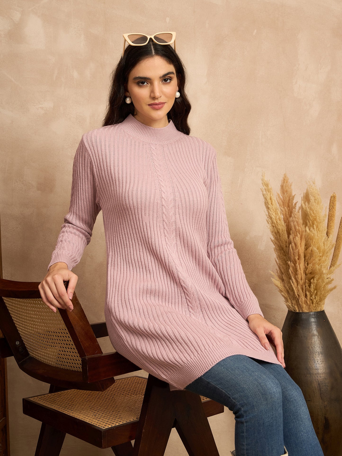 CLAPTON Women’s Wool Blend Ribbed Knit Tunic Sweater with Mock Neck & Full Sleeves Light pink