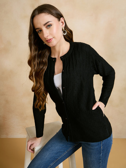 Wool Blend Round Neck Black cardigan