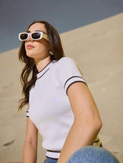 white brown Clapton summer t-shirt for women casual clastic look round neck striped 