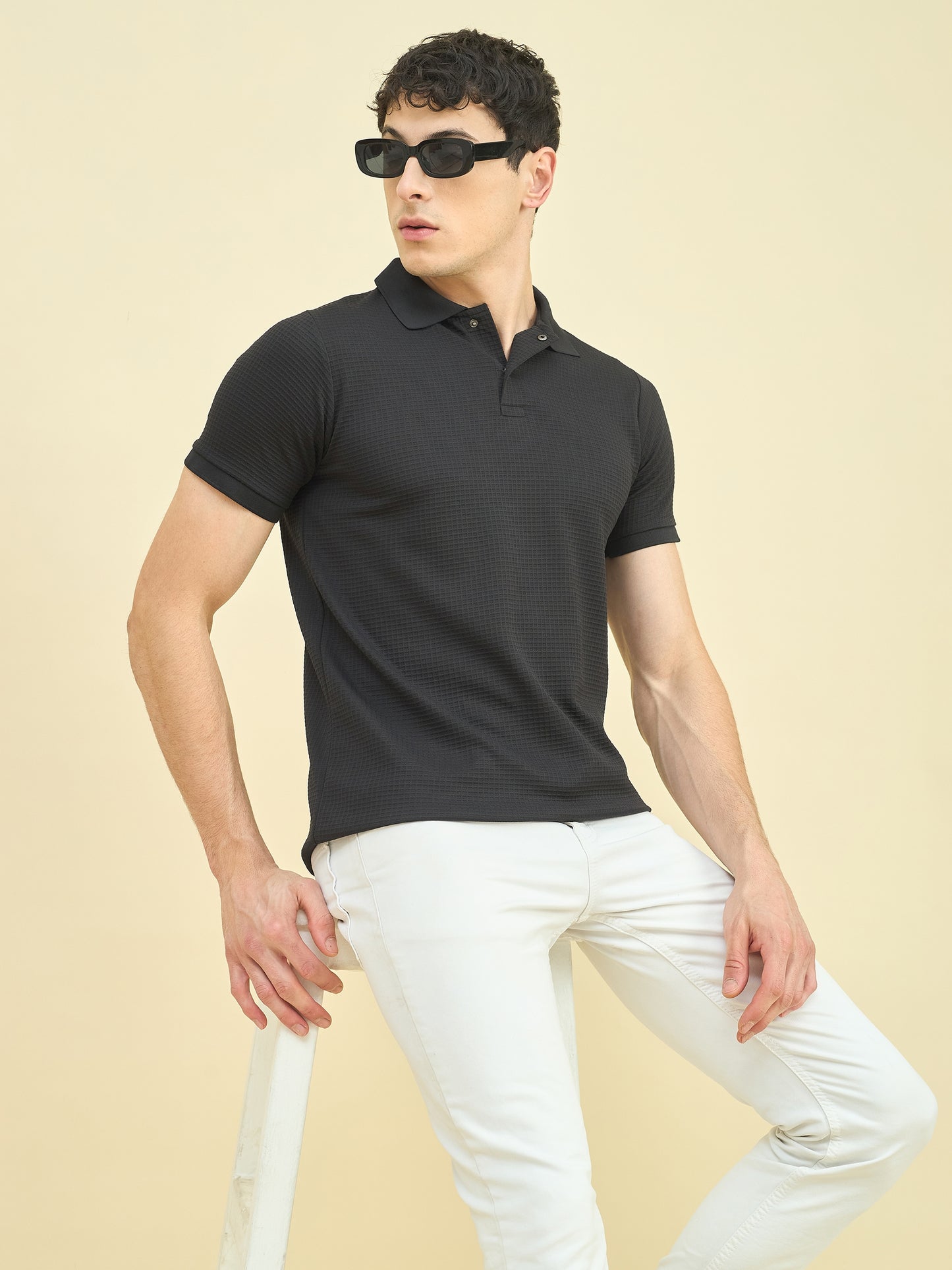 CLAPTON Men Knitted Textured Polo Collar T-shirt BLACK
