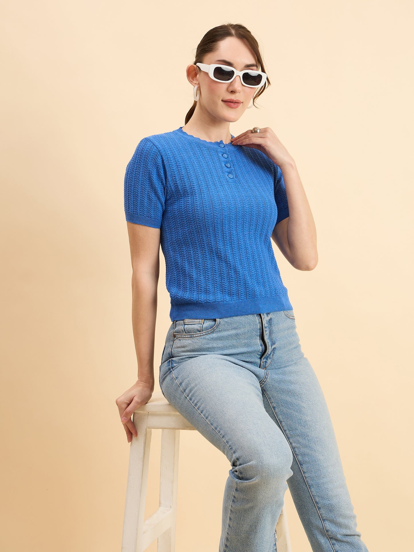Clapton Women Knitted  Round Neck  T-shirt Firozi
