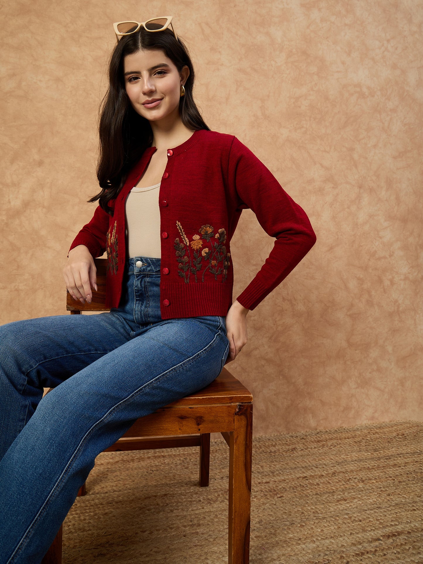 Clapton Women’s Red Knitted Floral Embroidered Cardigan 6110