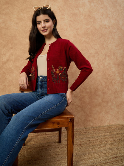 Clapton Women’s Red Knitted Floral Embroidered Cardigan 6110