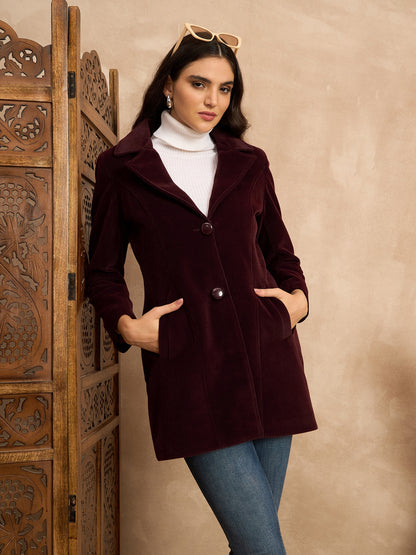Clapton Women’S Wool Blend Long Winter Coat Maroon– Classic Button Closure & Lapel Collar