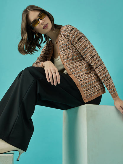 Women Gold Self Striped Round Neck Cardigan