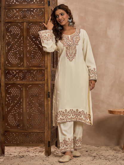 Woolen Embroidered 2-piece winter wear Kurti & Pant Set White