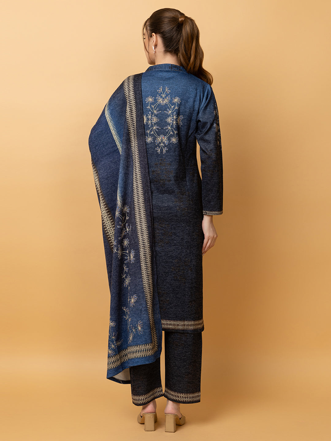 Clapton Pure Wool Winter Wear Embroidered Straight Kurta Pant With Dupatta Set Navy