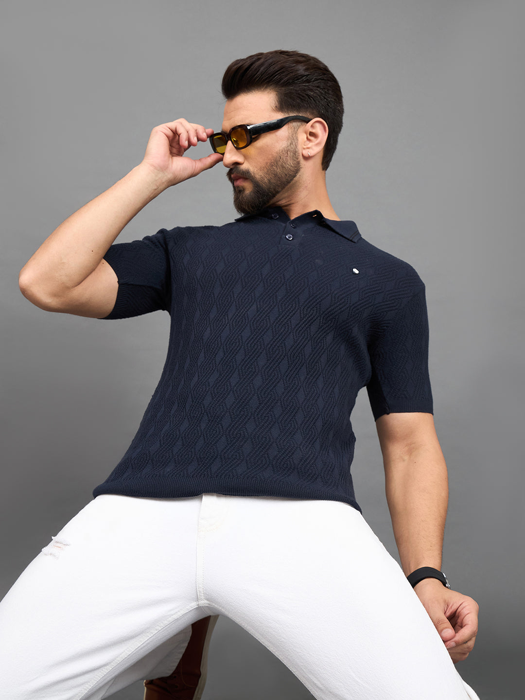 CLAPTON Men Knitted Polo Collar T-shirt  Navy