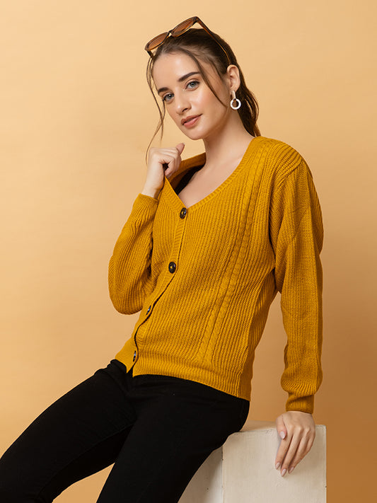 Clapton Women Mustard Self Knitted Cardigan