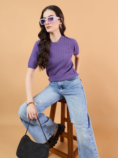 clapton Women Self knitted cotton Design T-shirt  Purple Mauve