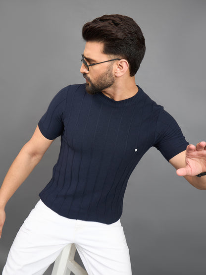 CLAPTON Men Knitted Round Neck T-shirt  Navy