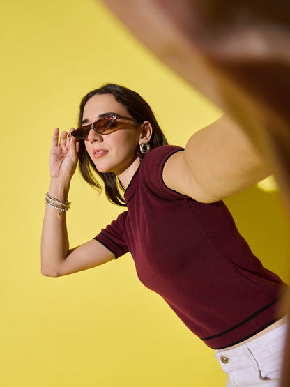 Women Striped Round Neck Pure Cotton T-Shirt Maroon