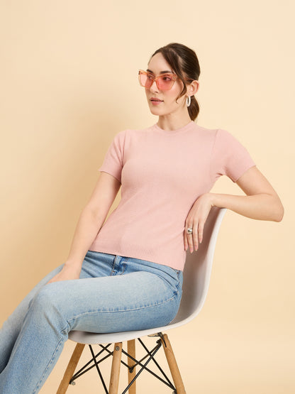 Clapton Women Knitted  Round Neck  T-shirt Pink