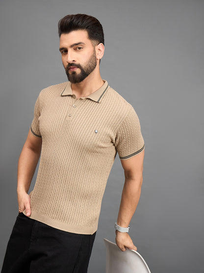 CLAPTON Men Knitted Polo Collar T-shirt  Beige
