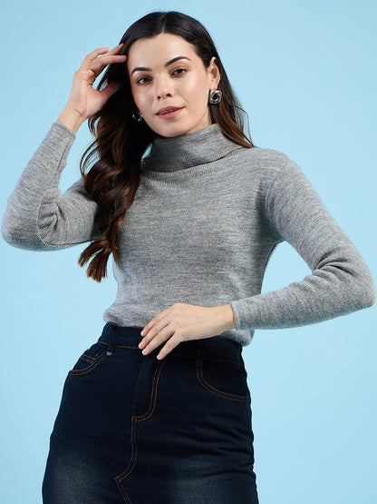 Clapton turtleneck High Neck Top knitted Winter Sweater for Women Pure Wool Full Sleeve Grey