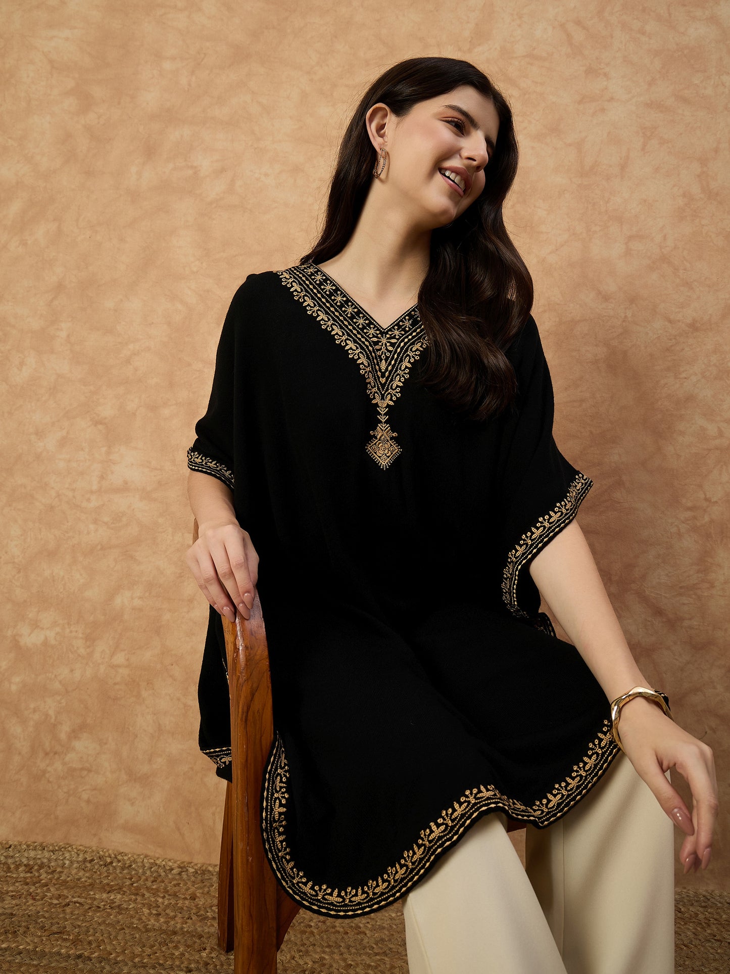 Clapton Women’s Wool Kaftan Kurti –  Black, Golden Embroidery -6201