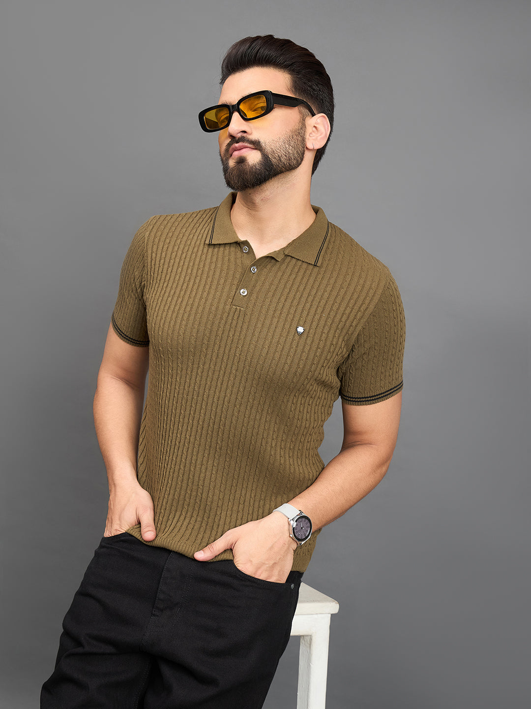 CLAPTON Men Knitted Polo Collar T-shirt  Mehndi
