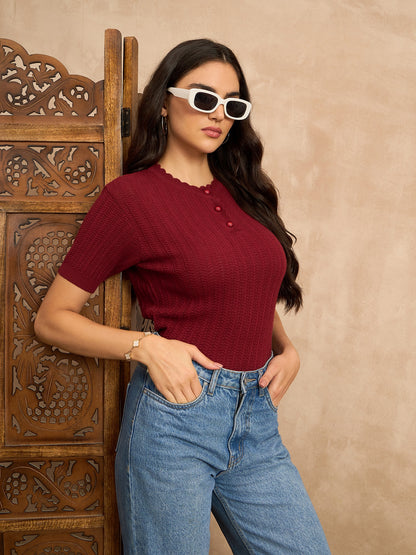 Clapton Women Knitted  Round Neck  T-shirt MAHROON -3105