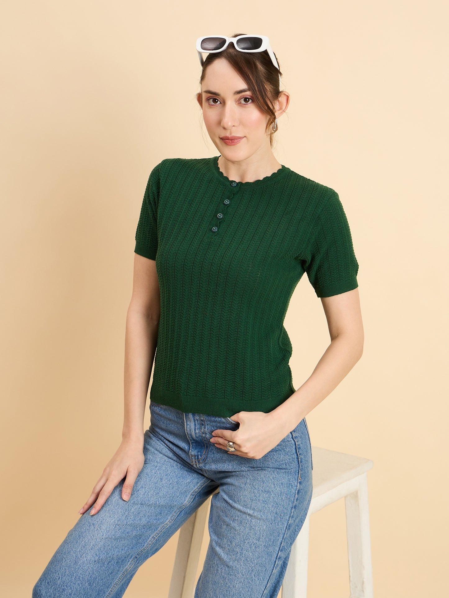 Clapton Women Knitted  Round Neck  T-shirt Green