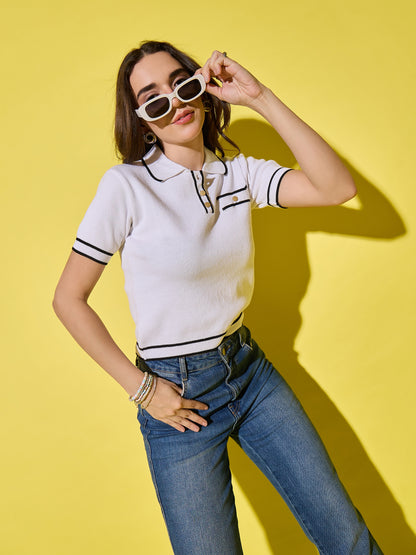 Women Striped Polo Neck With Pocket Pure Cotton T-Shirt White