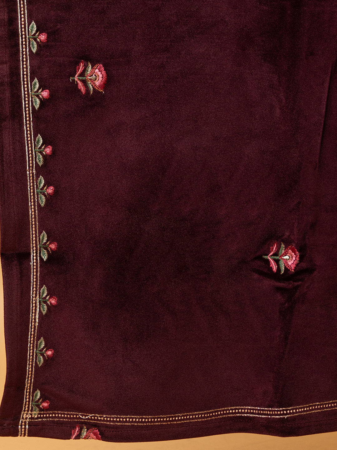 Velvet Embroidered Winter Wear Embroidered Straight Kurta Pant With Dupatta Set Maroon