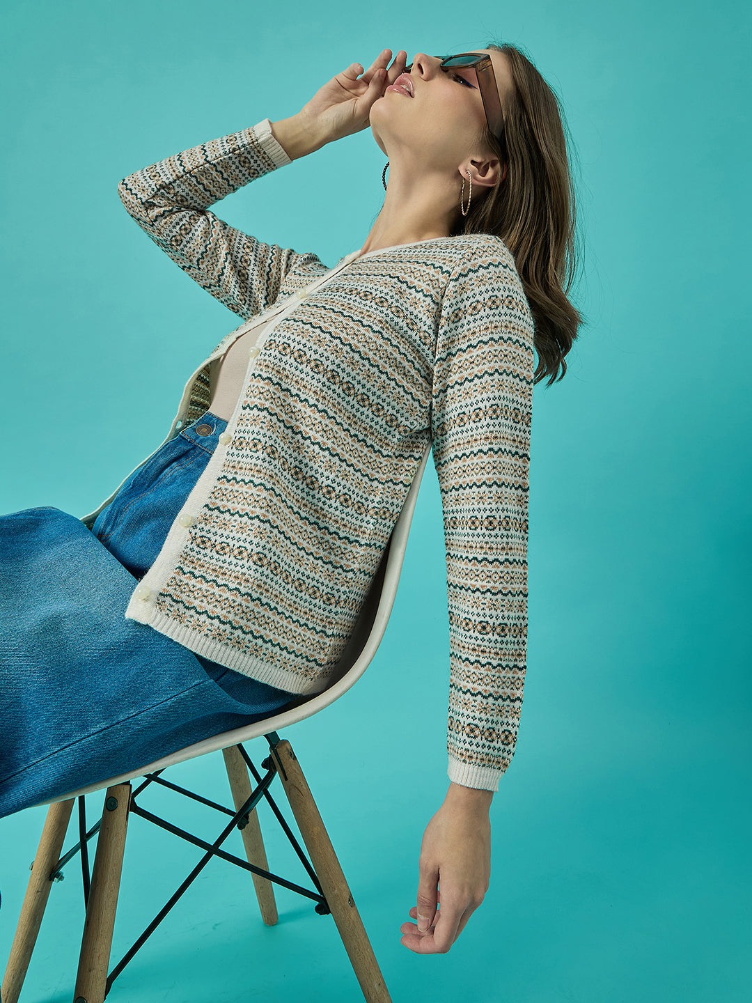 Women White Self Striped Round Neck Cardigan