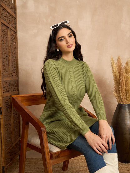 CLAPTON Women’s Wool Blend Ribbed Knit Tunic Sweater with Mock Neck & Full Sleeves Green
