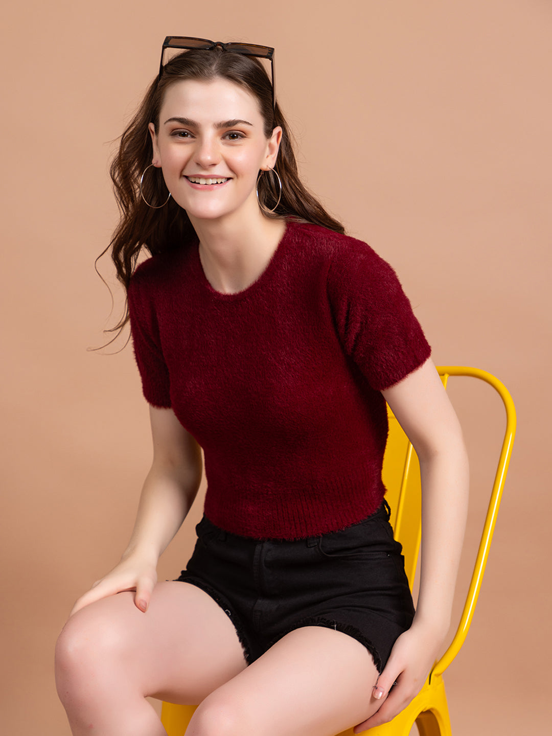 Clapton  Short-Sleeve Fuzzy Knit Crop Top Pullover Blouse Top for Women Girls Maroon