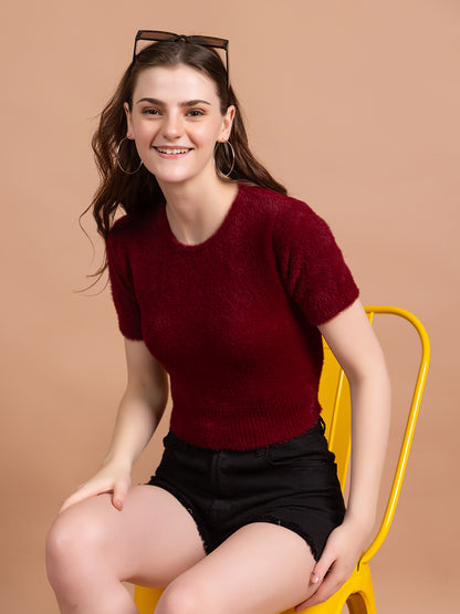 Clapton  Short-Sleeve Fuzzy Knit Crop Top Pullover Blouse Top for Women Girls Maroon