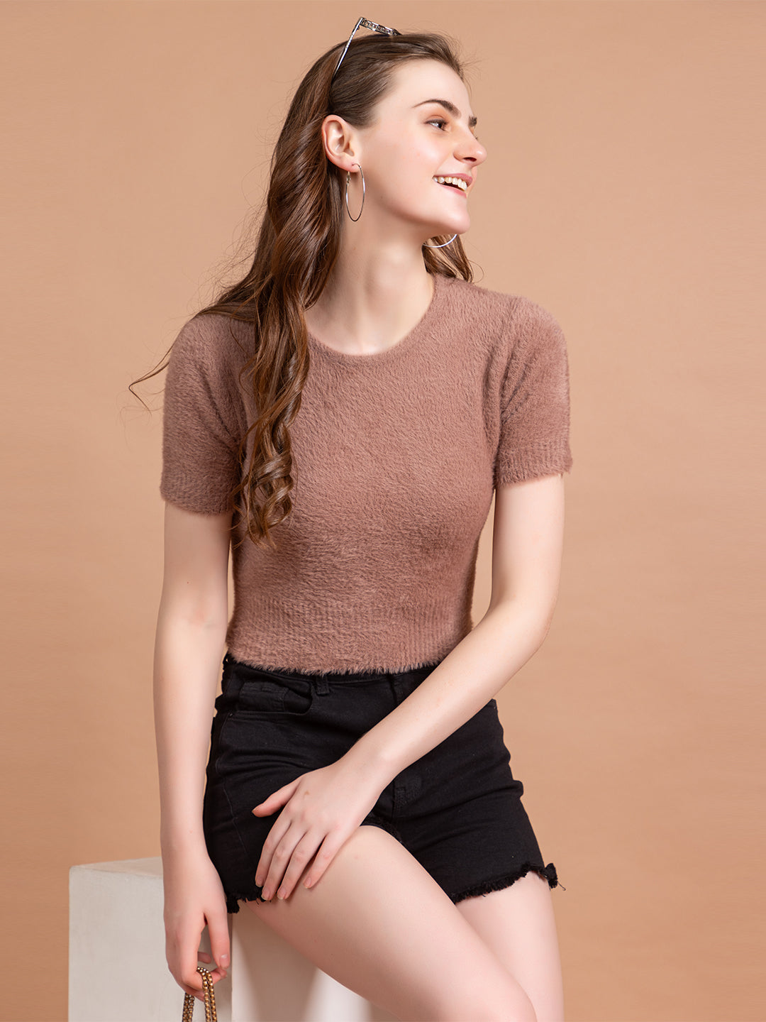 Clapton  Short-Sleeve Fuzzy Knit Crop Top Pullover Blouse Top for Women Girls Pink