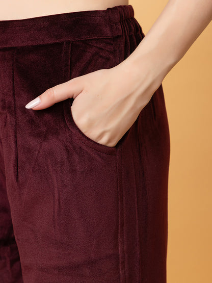 Velvet Embroidered Winter Wear Embroidered Straight Kurta Pant With Dupatta Set Maroon