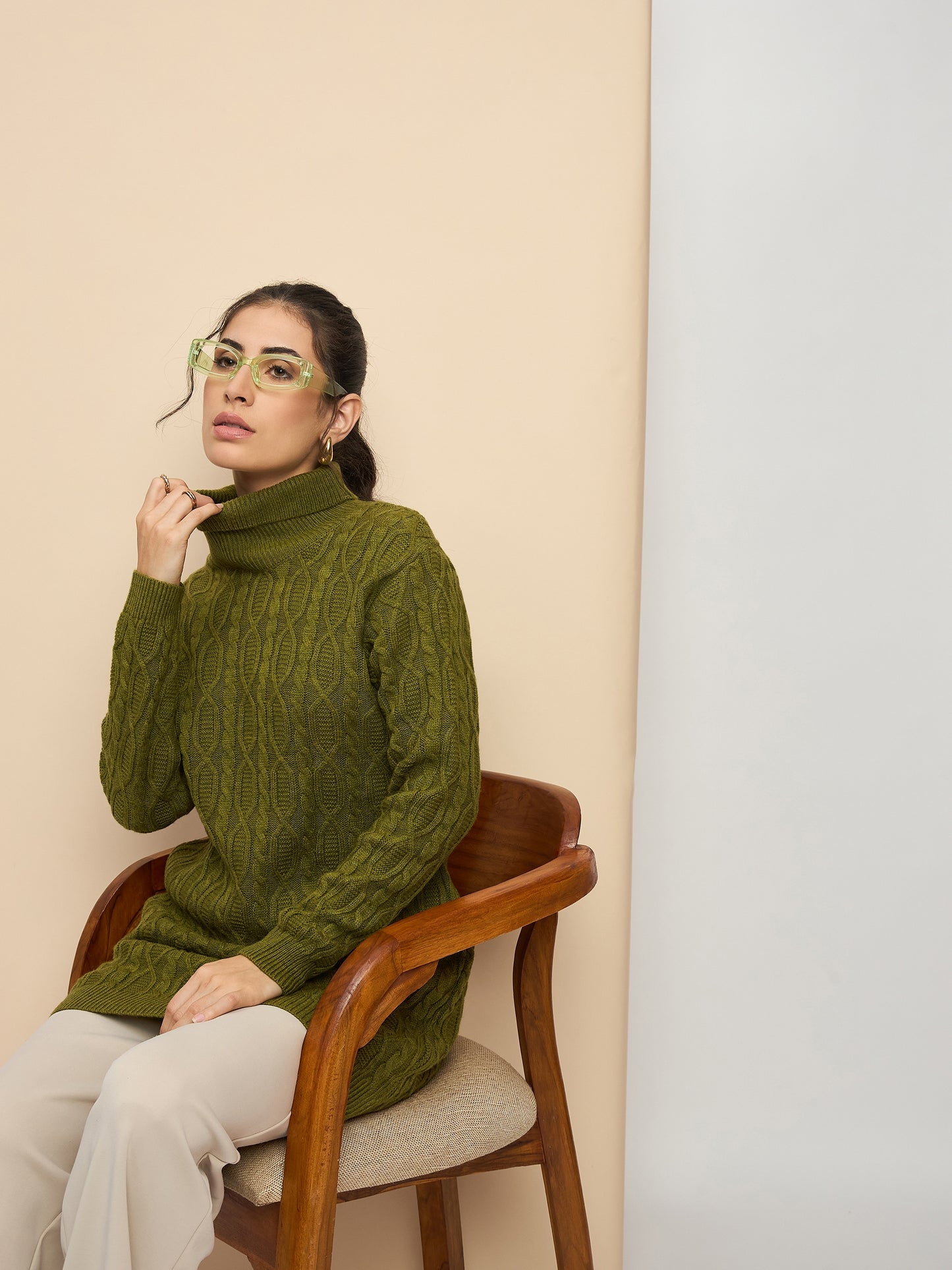 Clapton High Neck Cable Knitted Woolen Dress Green