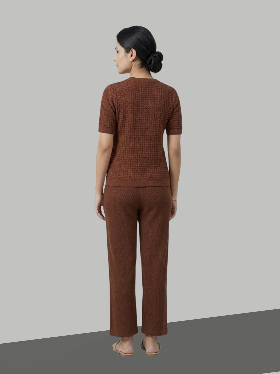 CLAPTON Women’s Solid Brown Knitted Summer Wear Co-ord Set – Textured Round Neck Top & Straight-Leg Trousers