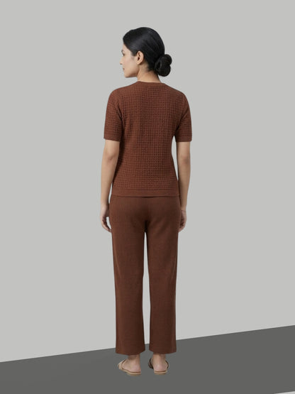 CLAPTON Women’s Solid Brown Knitted Summer Wear Co-ord Set – Textured Round Neck Top & Straight-Leg Trousers