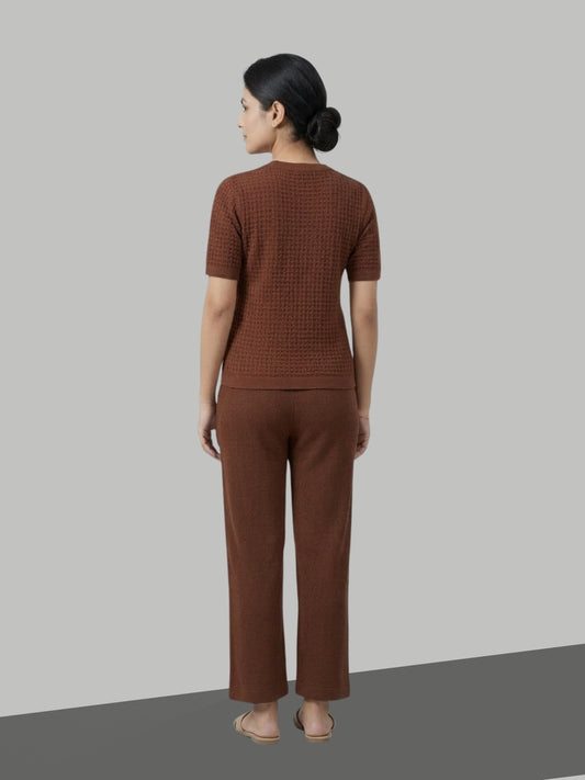CLAPTON Women’s Solid Brown Knitted Summer Wear Co-ord Set – Textured Round Neck Top & Straight-Leg Trousers