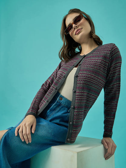 Women Md-Grey Self Striped Round Neck Cardigan